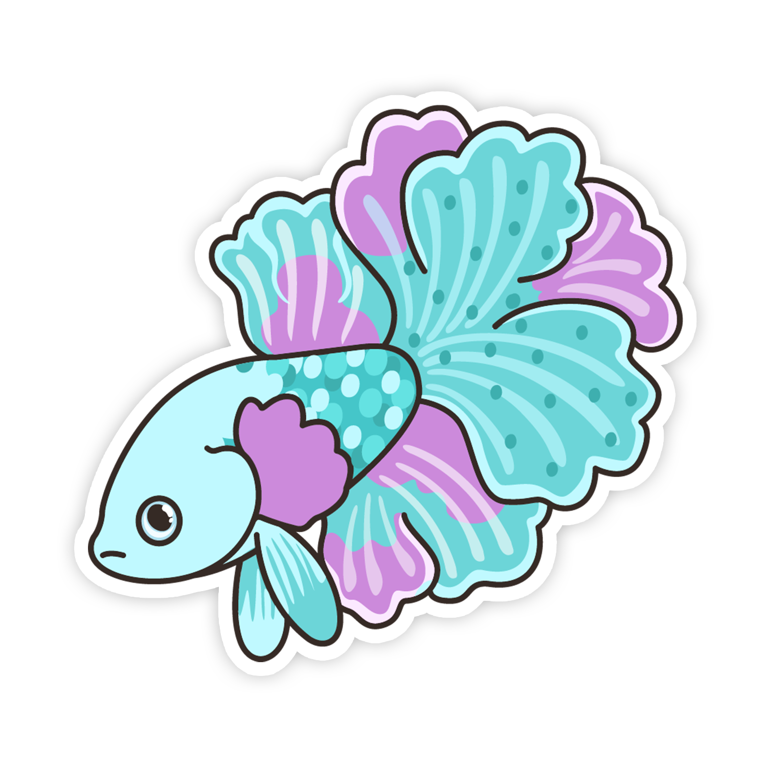 Colorful cartoon fish sticker with blue and purple colors on a white background