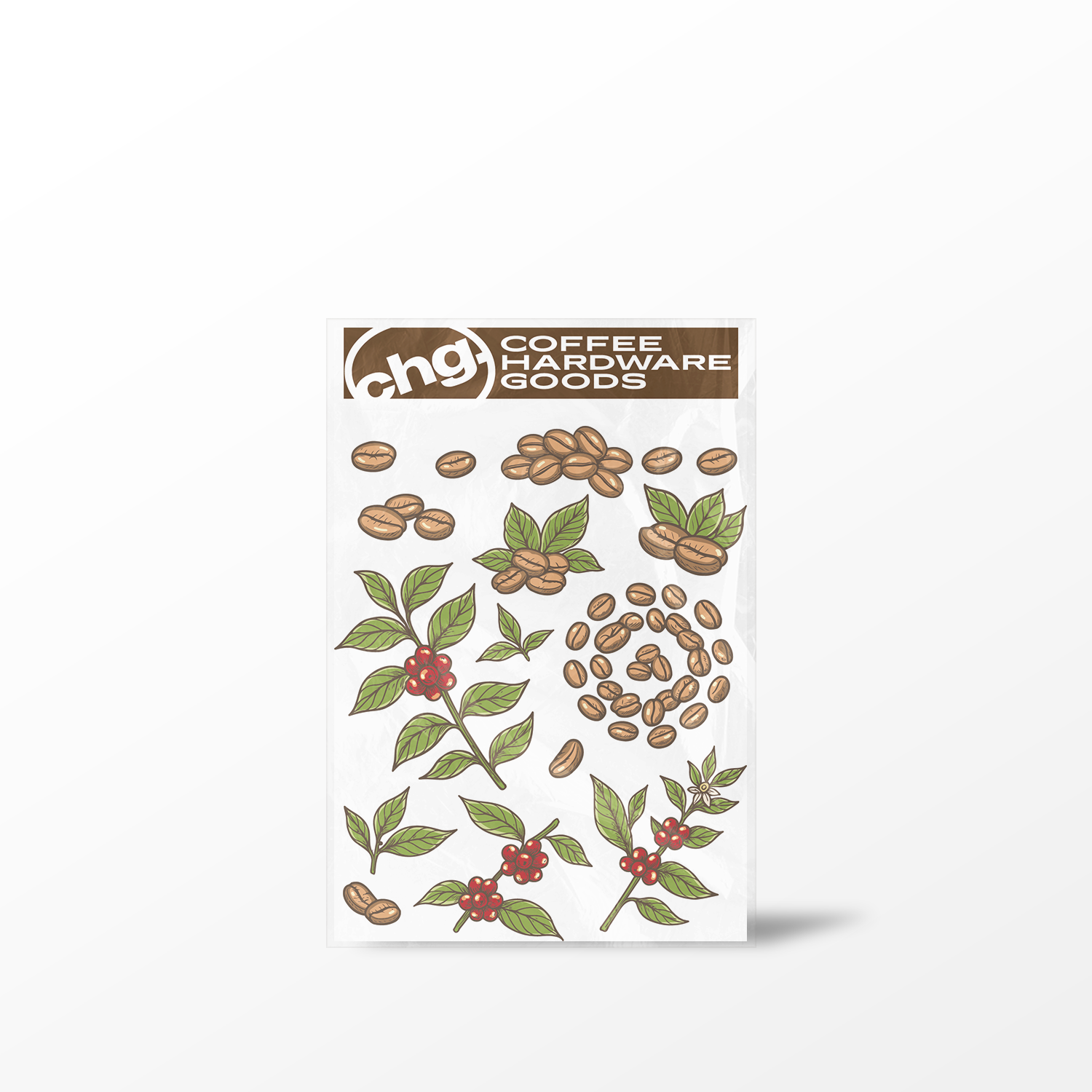 Pack of coffee-themed stickers with 'Coffee Hardware Goods' branding on a white background