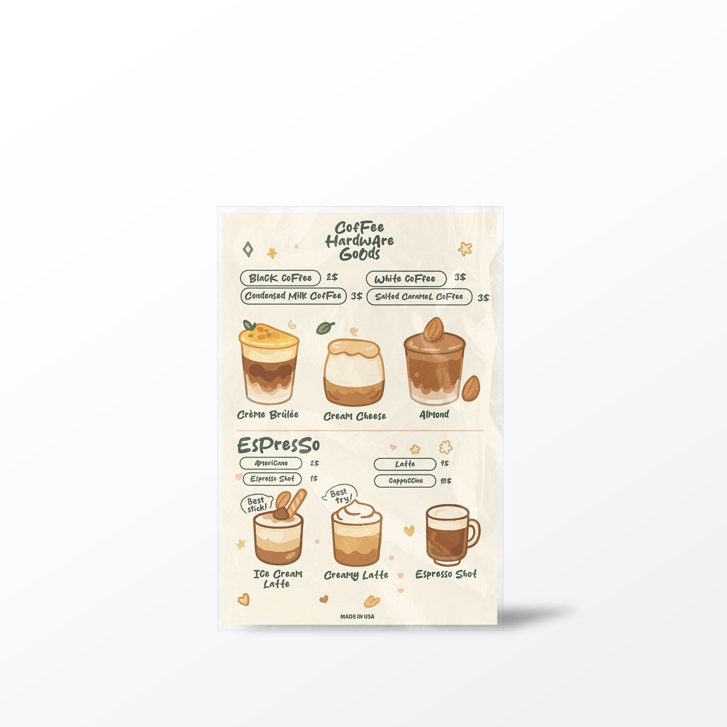 Illustrated coffee menu with various coffee types on a white background