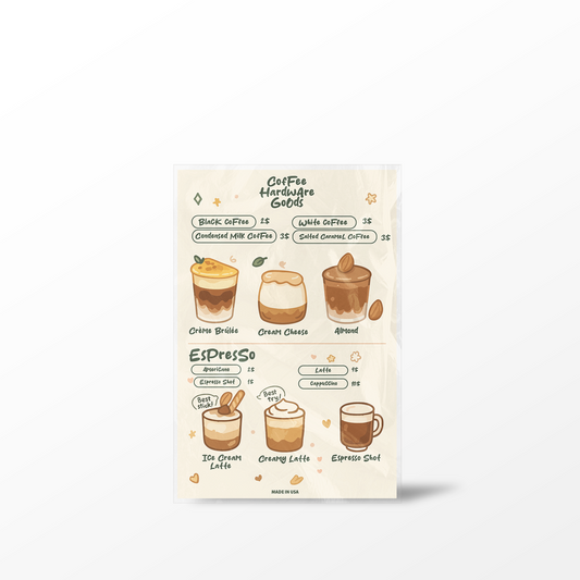 Illustrated coffee menu with various coffee types on a white background
