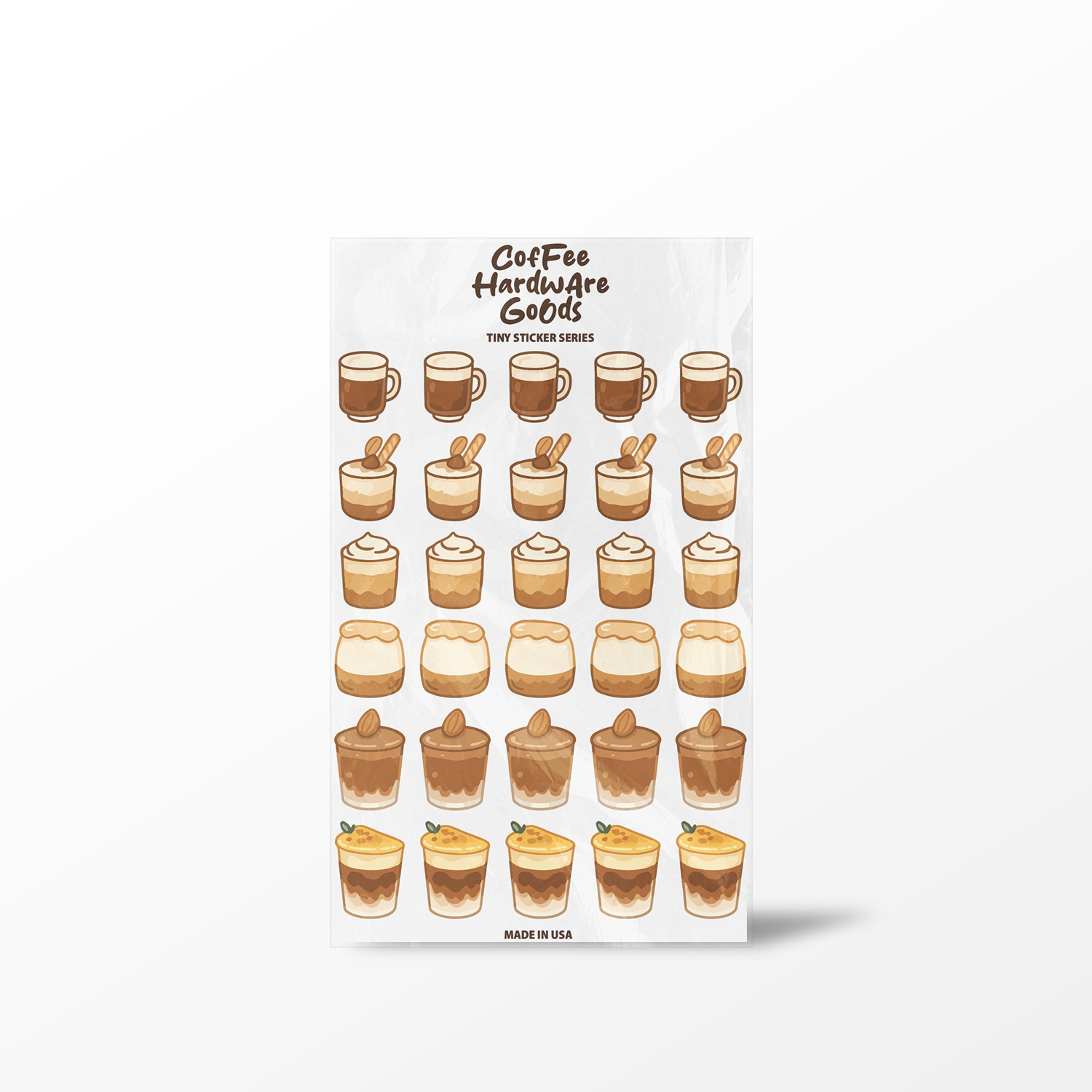 Sheet of coffee-themed stickers with various coffee cup illustrations on a white background.