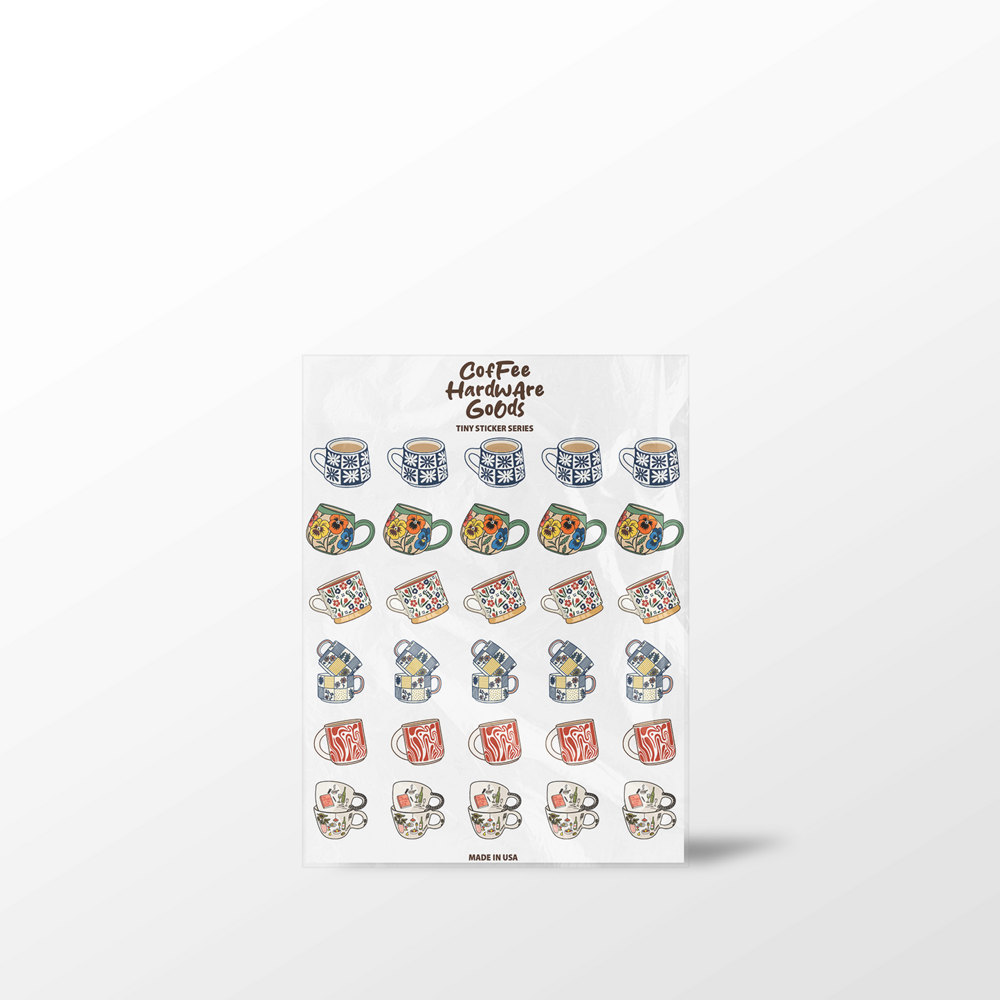 Sheet of coffee-themed stickers with various mug designs on a white background