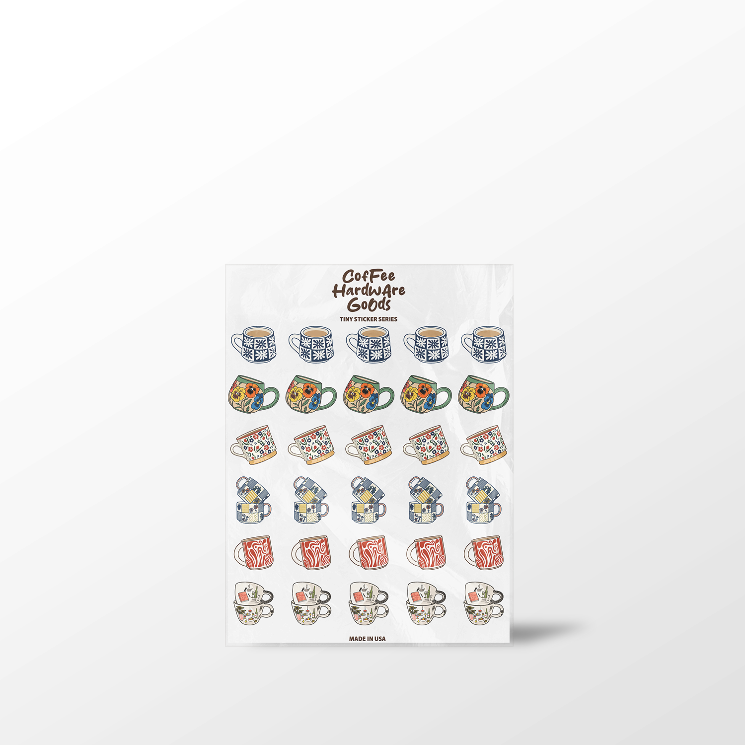 Sheet of coffee-themed stickers with various mug designs on a white background