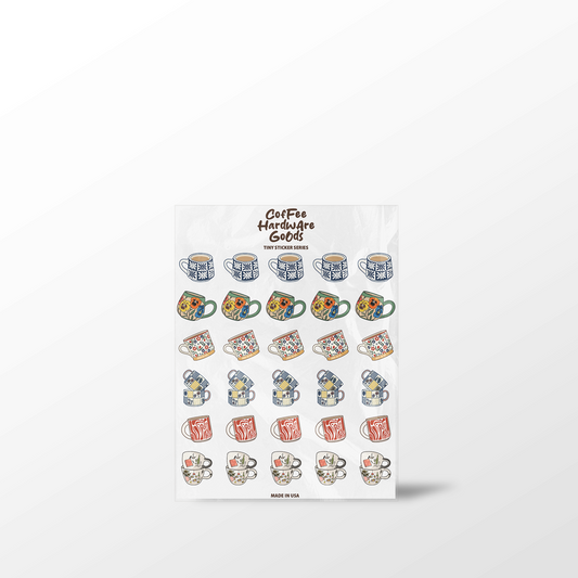 Sheet of coffee-themed stickers with various mug designs on a white background