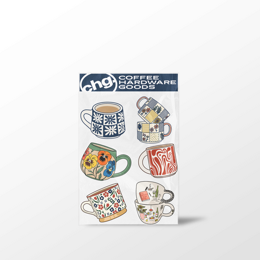 Pack of coffee-themed stickers with various designs on a white background