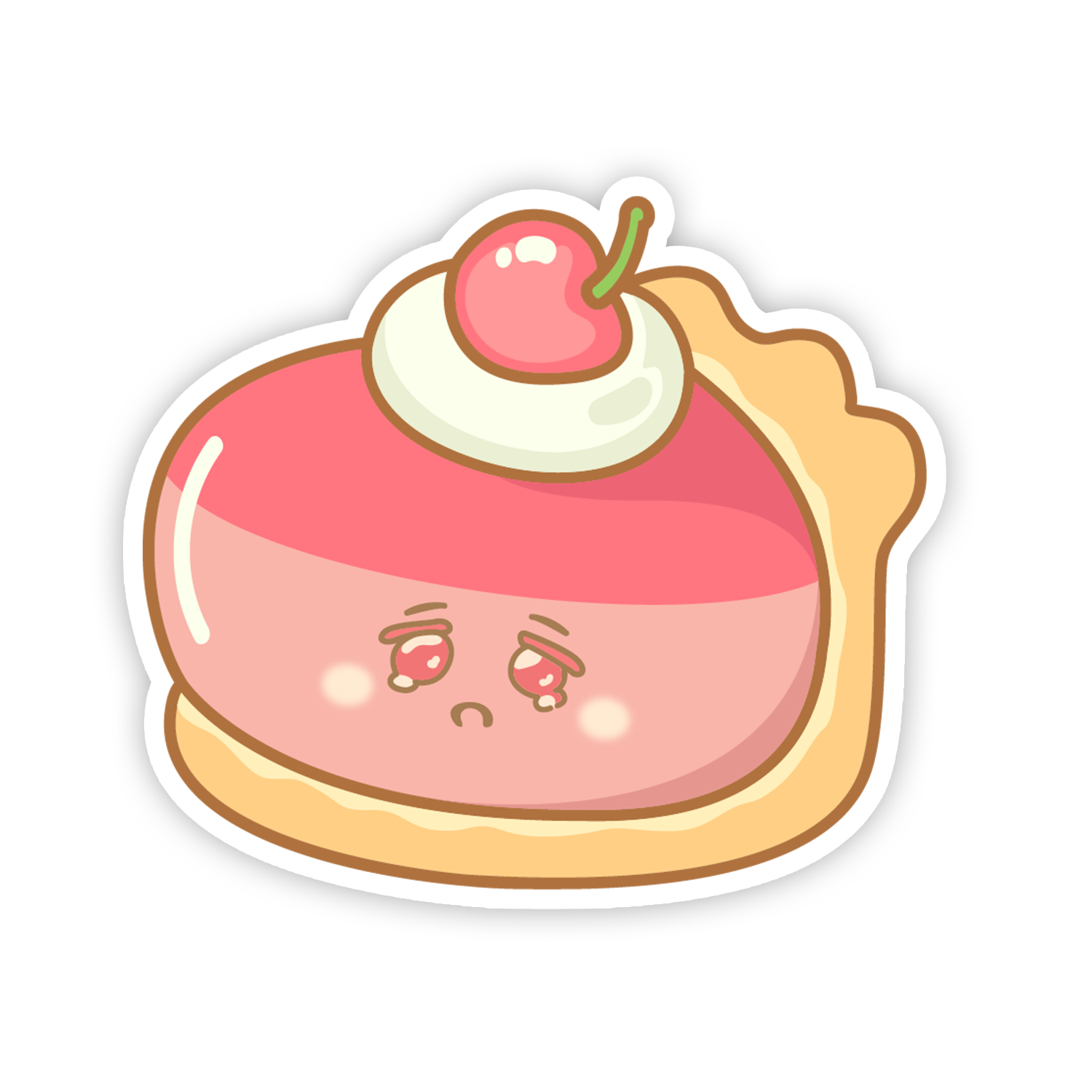 Cartoon cake with cherry on top and sad face on a white background