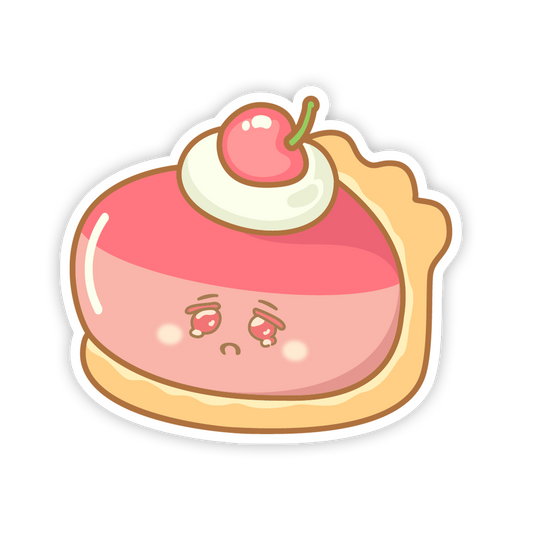 Cartoon cake with cherry on top and sad face on a white background
