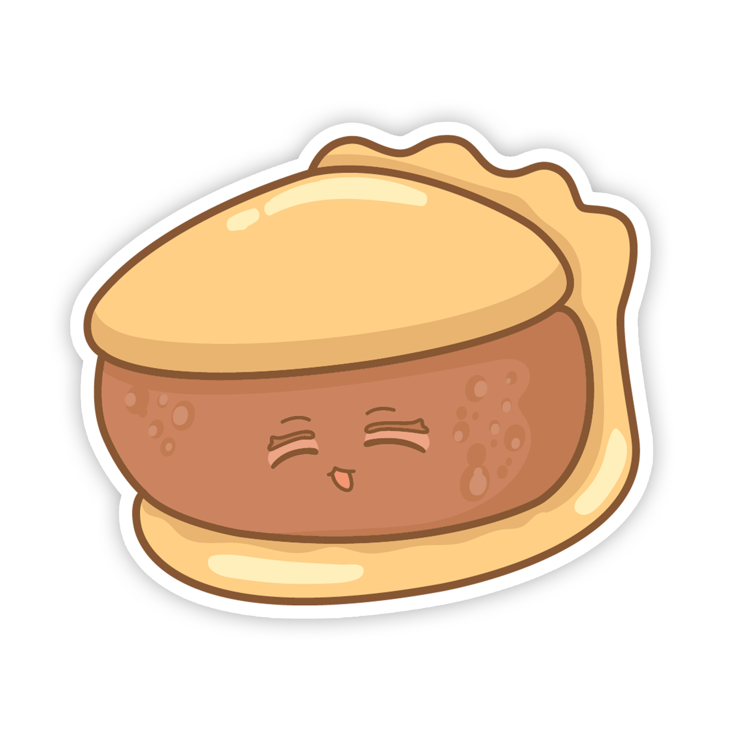 Cartoon-style pie with a happy face on a white background