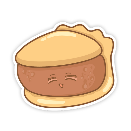 Cartoon-style pie with a happy face on a white background