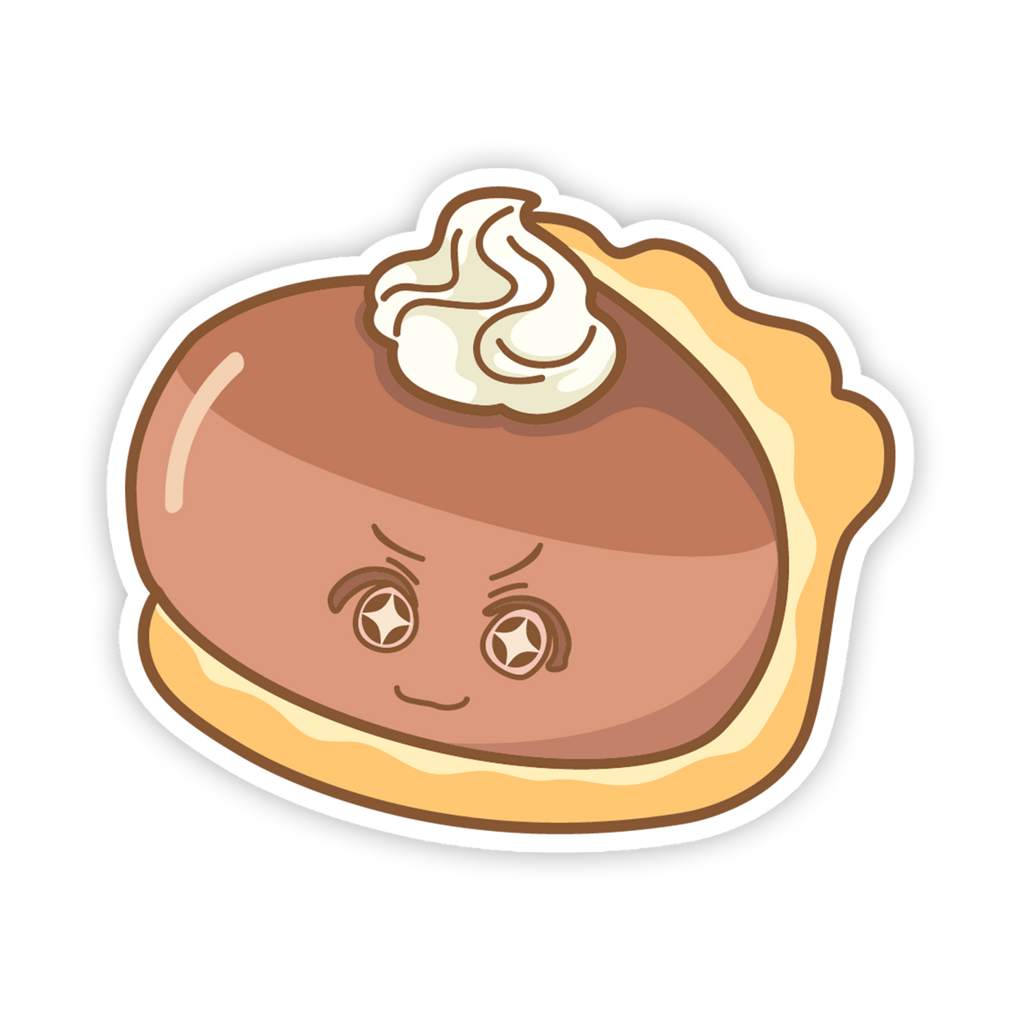Cartoon pie with a face and whipped cream on top on a white background