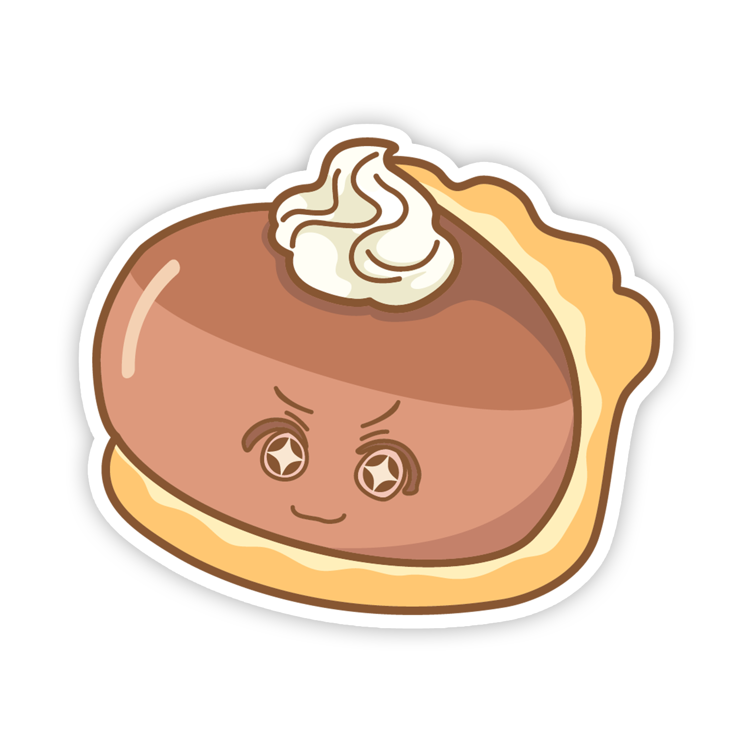 Cartoon pie with a face and whipped cream on top on a white background