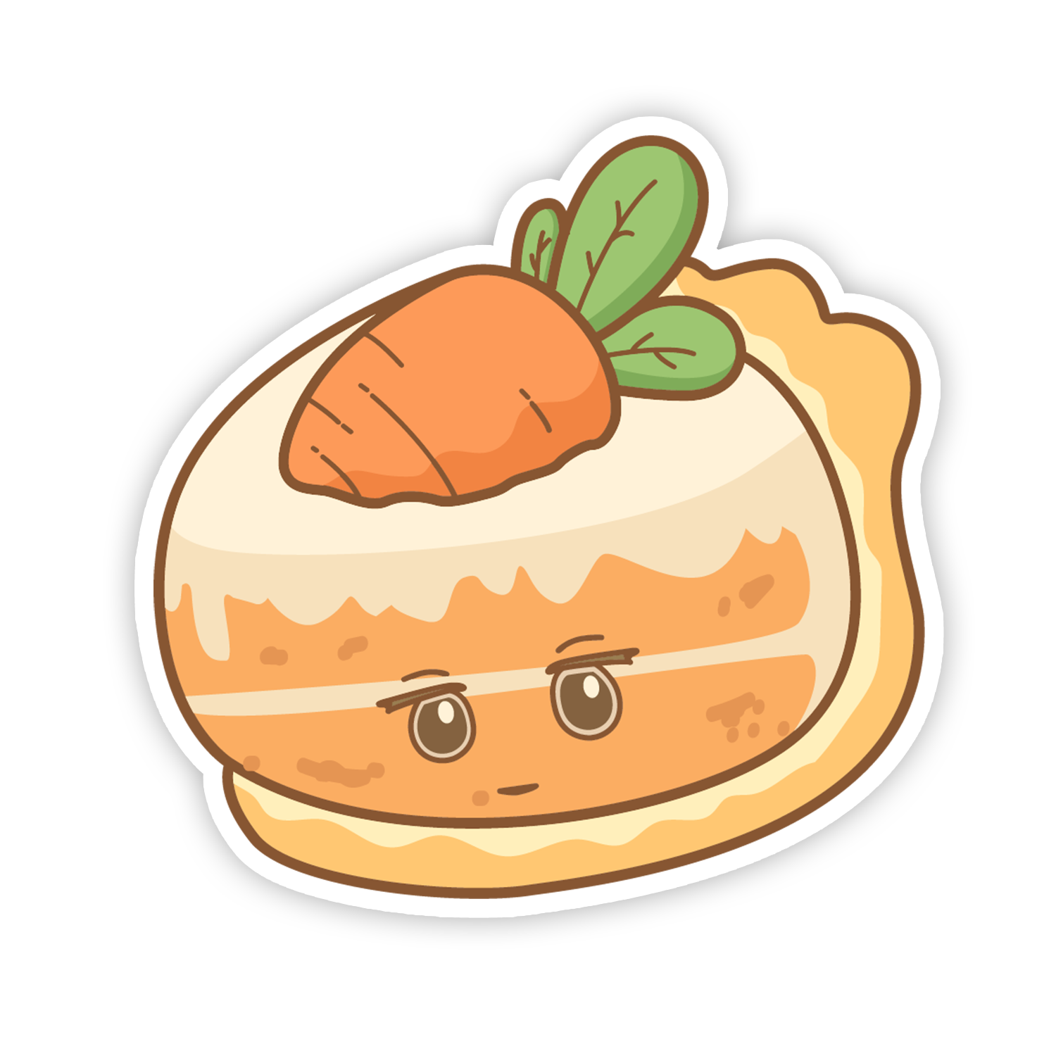 Cartoon cake with a carrot on top and a face on a white background