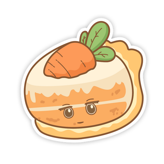Cartoon cake with a carrot on top and a face on a white background