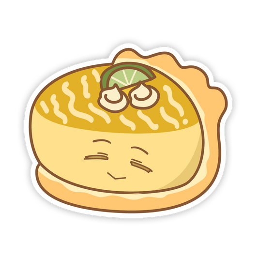 Cartoon illustration of a piece of cake with a face on a white background