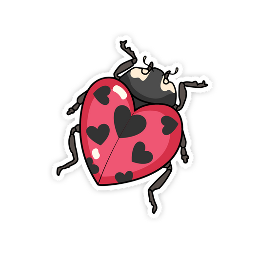 Cartoon ladybug with a red body and black heart patterns on a white background
