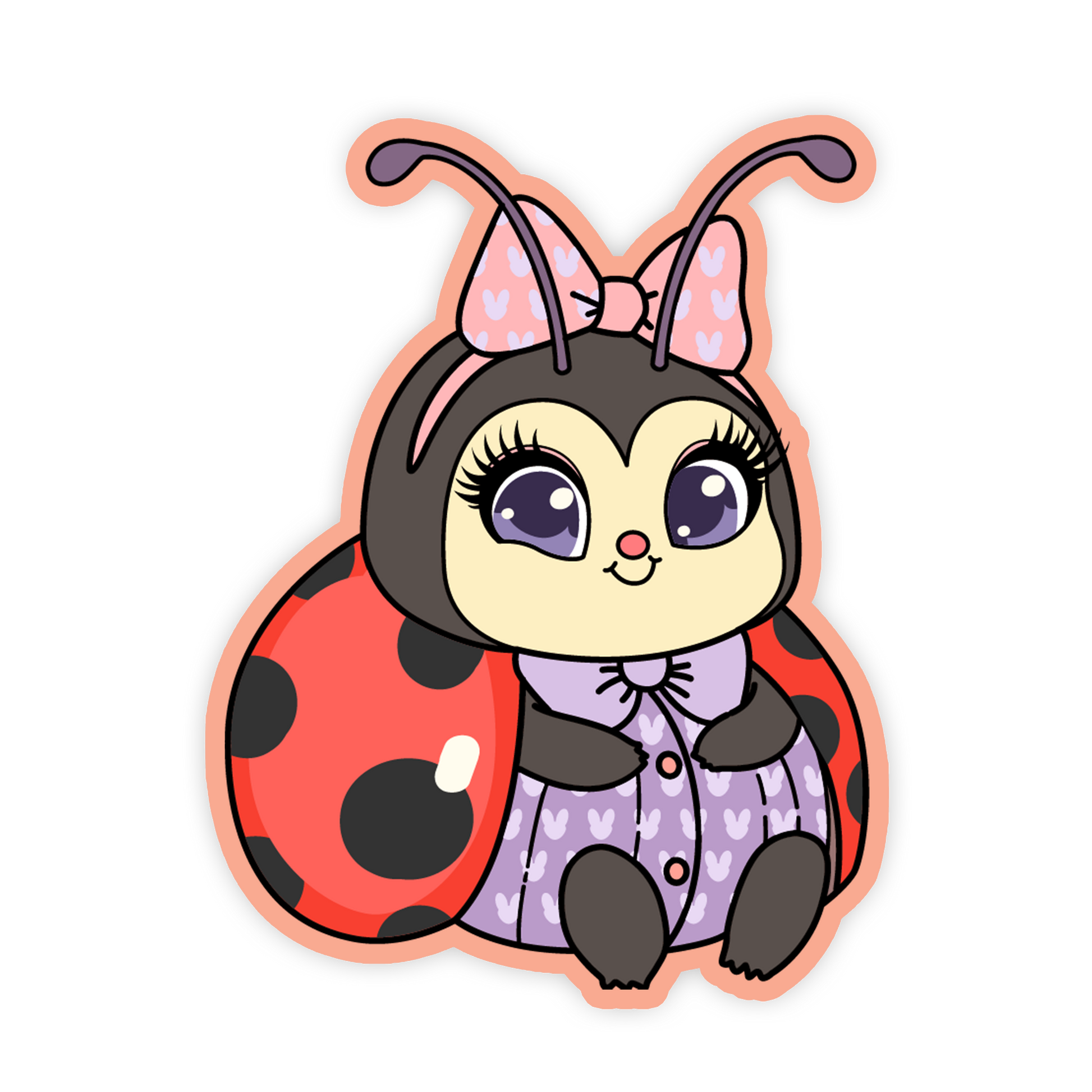 Cartoon character with ladybug wings and a pink bow on a white background