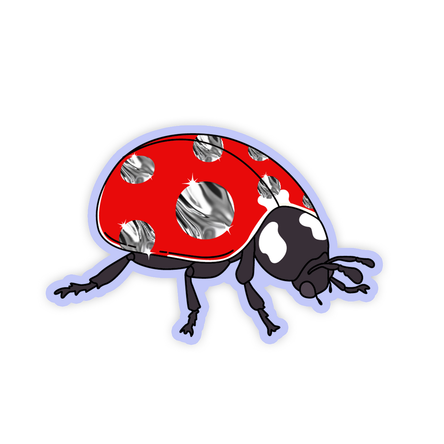 Sticker of a ladybug with a red shell and black body on a white background