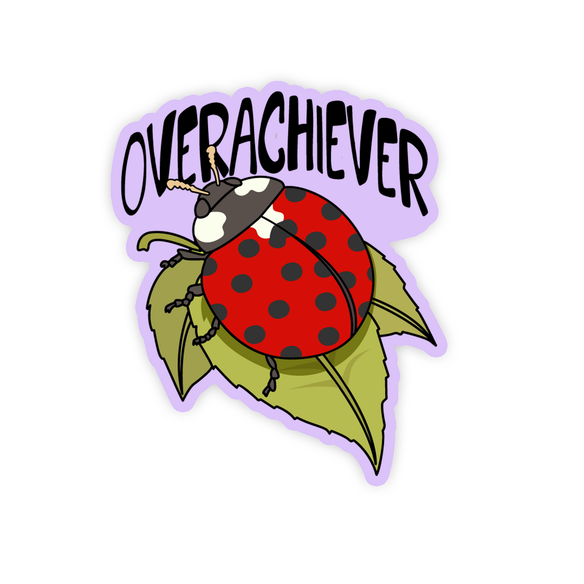 Sticker with a ladybug and 'OVERACHIEVER' text on a white background
