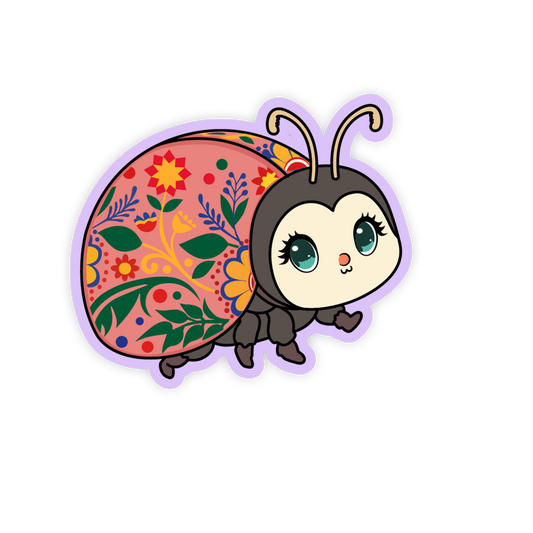 Cartoon ladybug with floral pattern on a white background