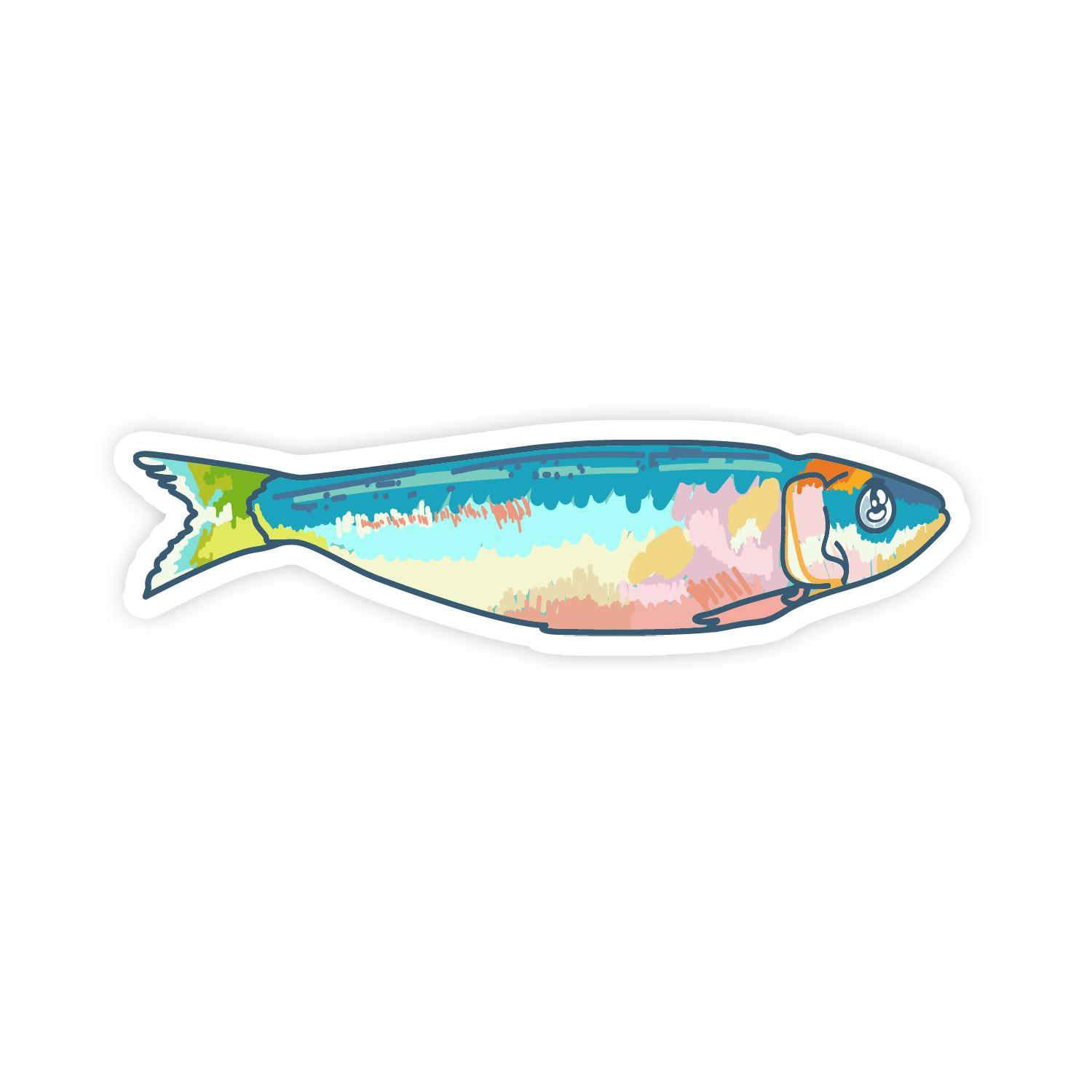 Colorful fish-shaped sticker with a scenic design on a white background