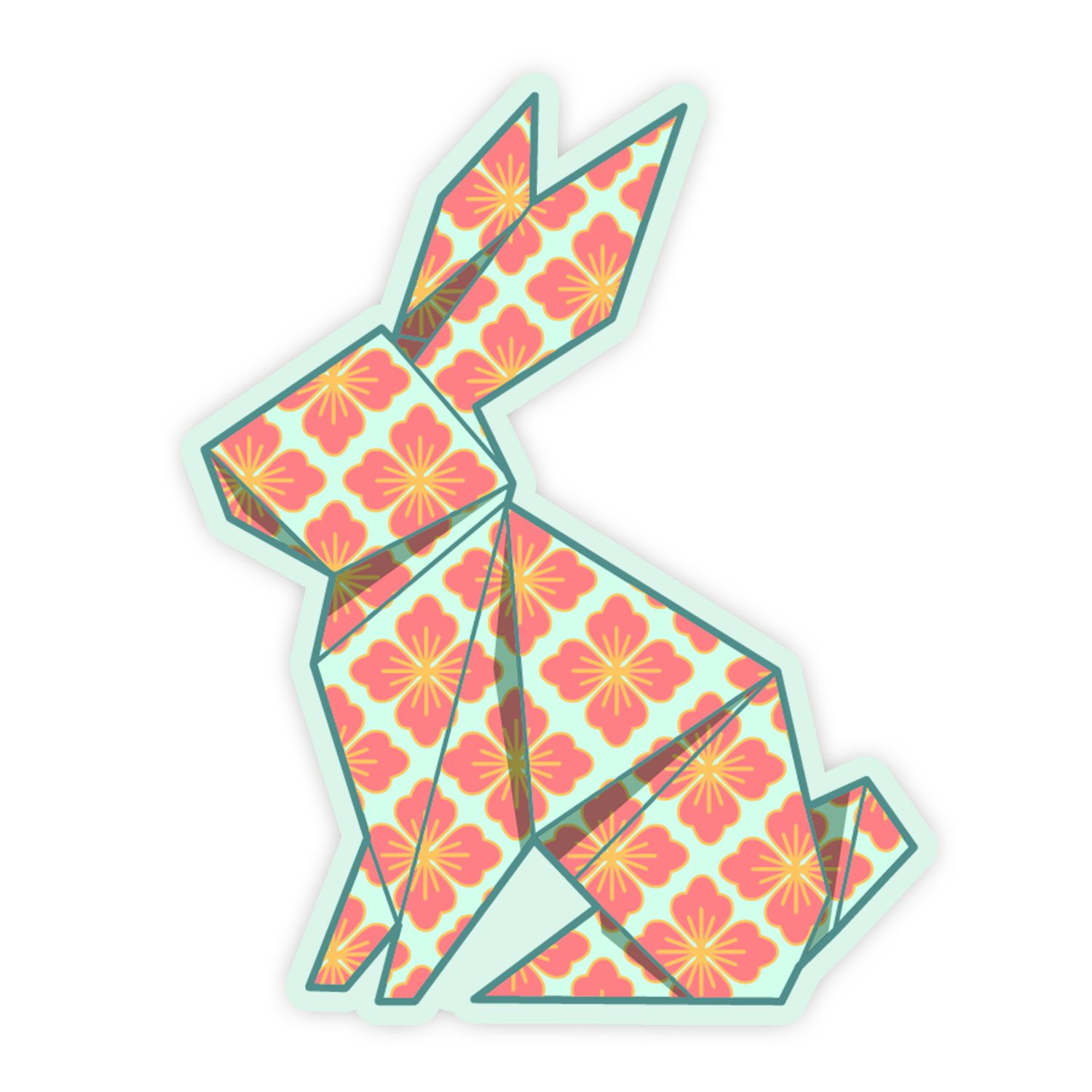 Origami rabbit with pink floral pattern on a white background
