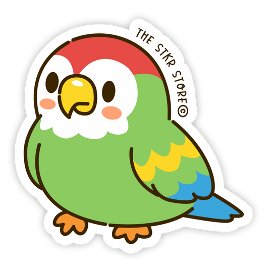 Colorful parrot sticker with a red head and multicolored body on a white background, branded 'The Sticker Store'.