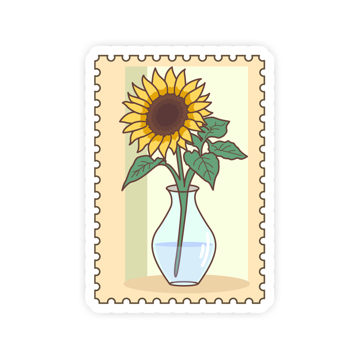 Stylized illustration of a sunflower in a vase on a decorative border.