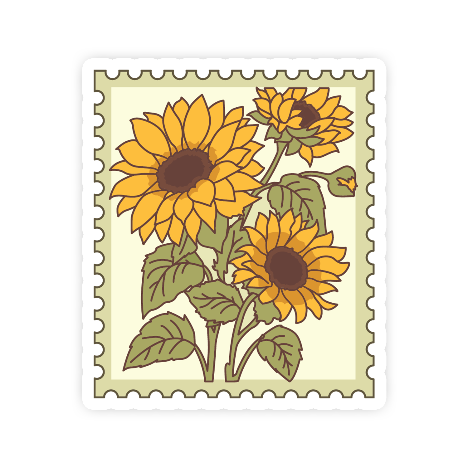 Stylized sunflower design on a postage stamp-style border