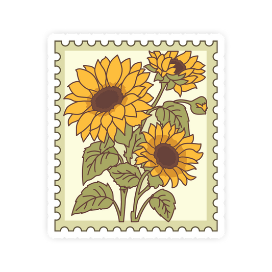 Stylized sunflower design on a postage stamp-style border