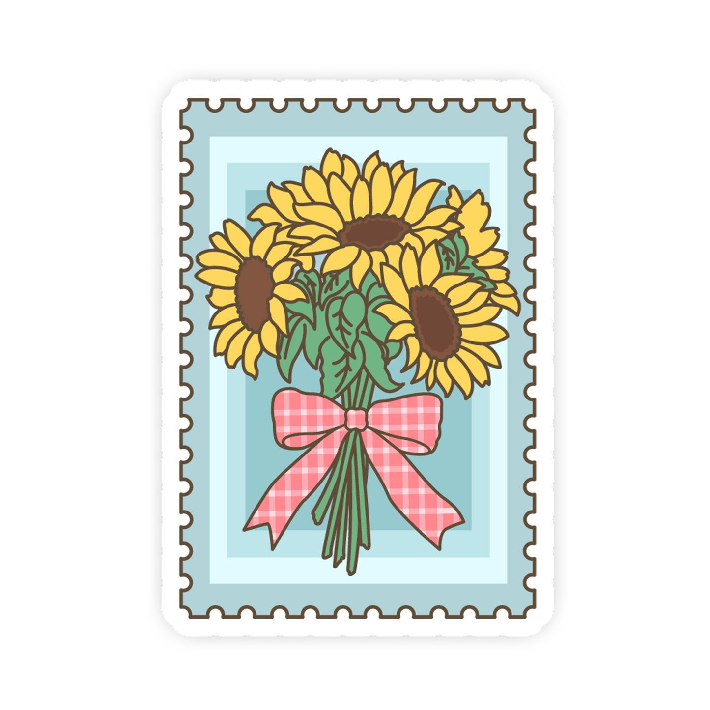 Stylized postage stamp with sunflowers and a pink bow on a light blue background