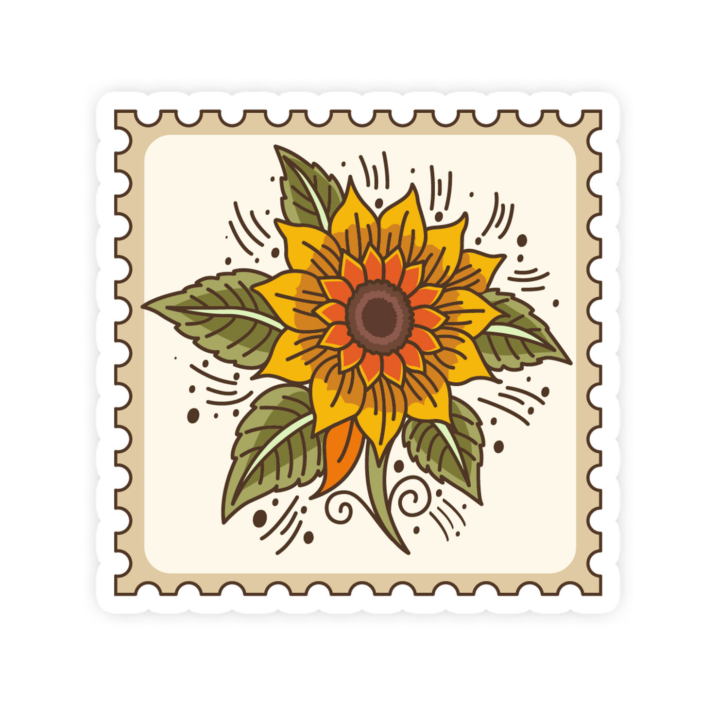 Stylized sunflower design on a postage stamp-style background
