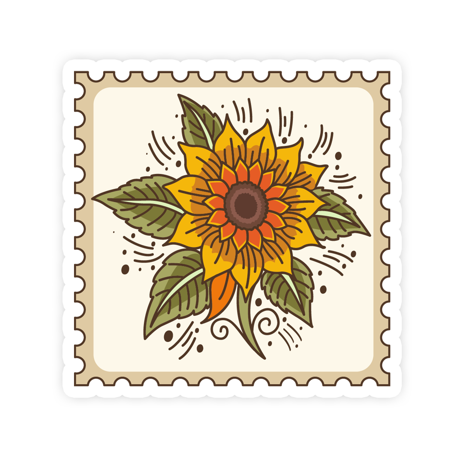 Stylized sunflower design on a postage stamp-style background