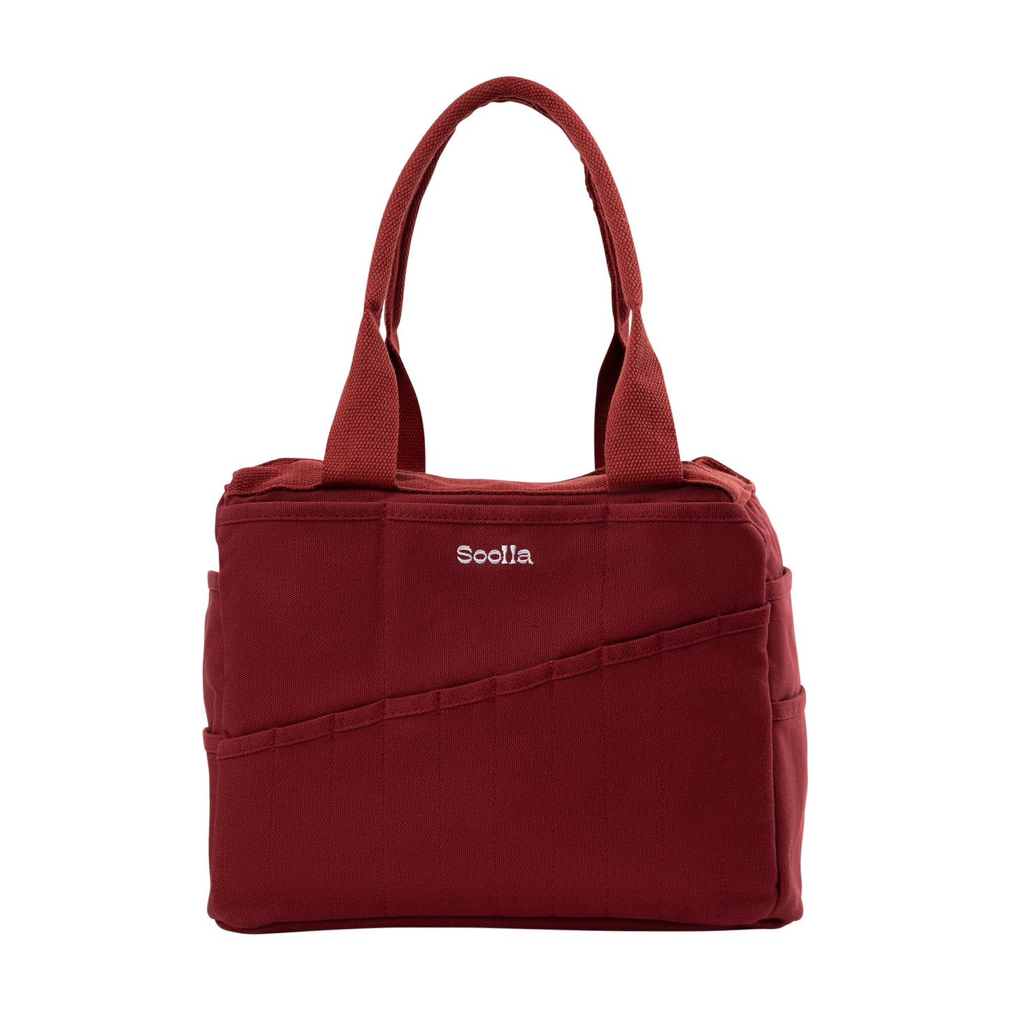 Red handbag with 'Scolla' branding on a white background