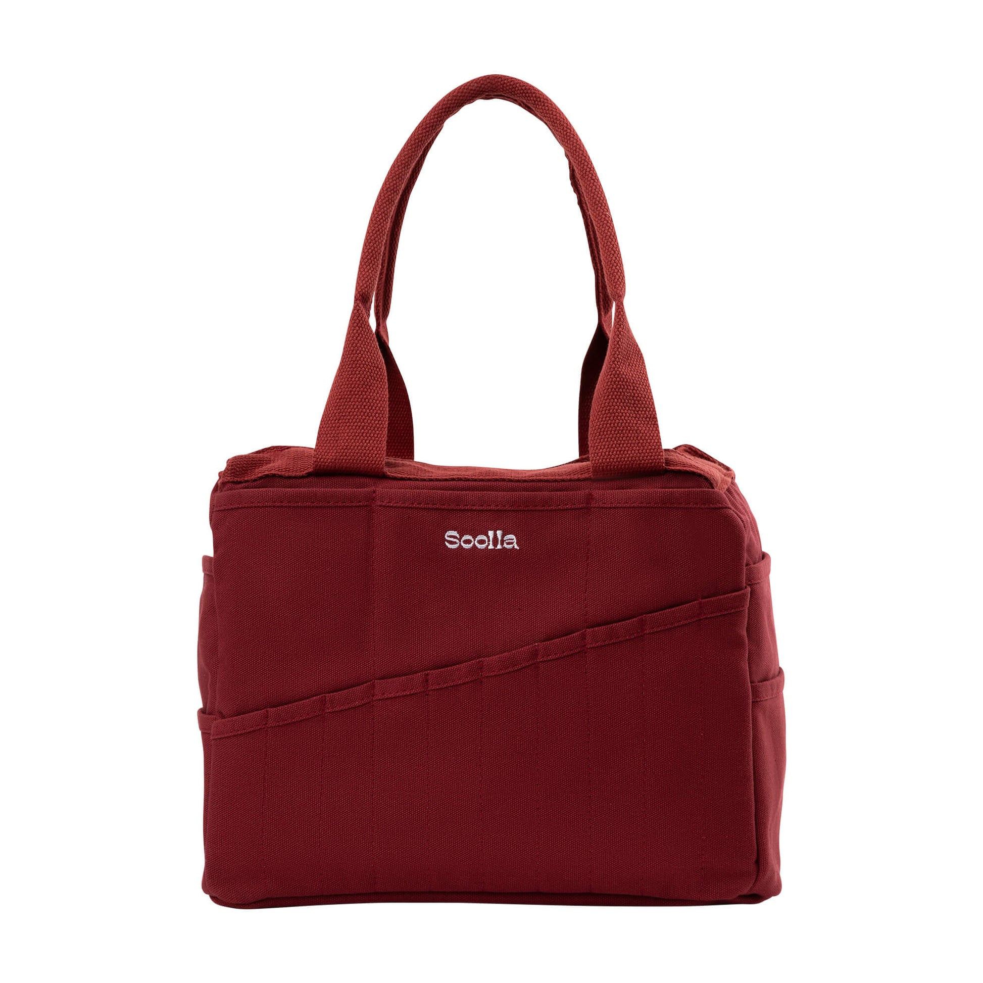 Red handbag with 'Scolla' branding on a white background
