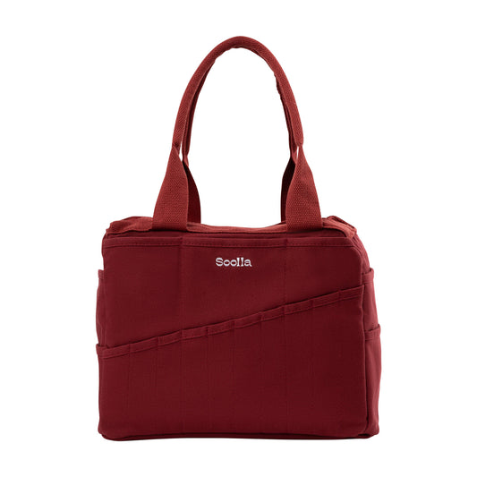 Red handbag with 'Scolla' branding on a white background