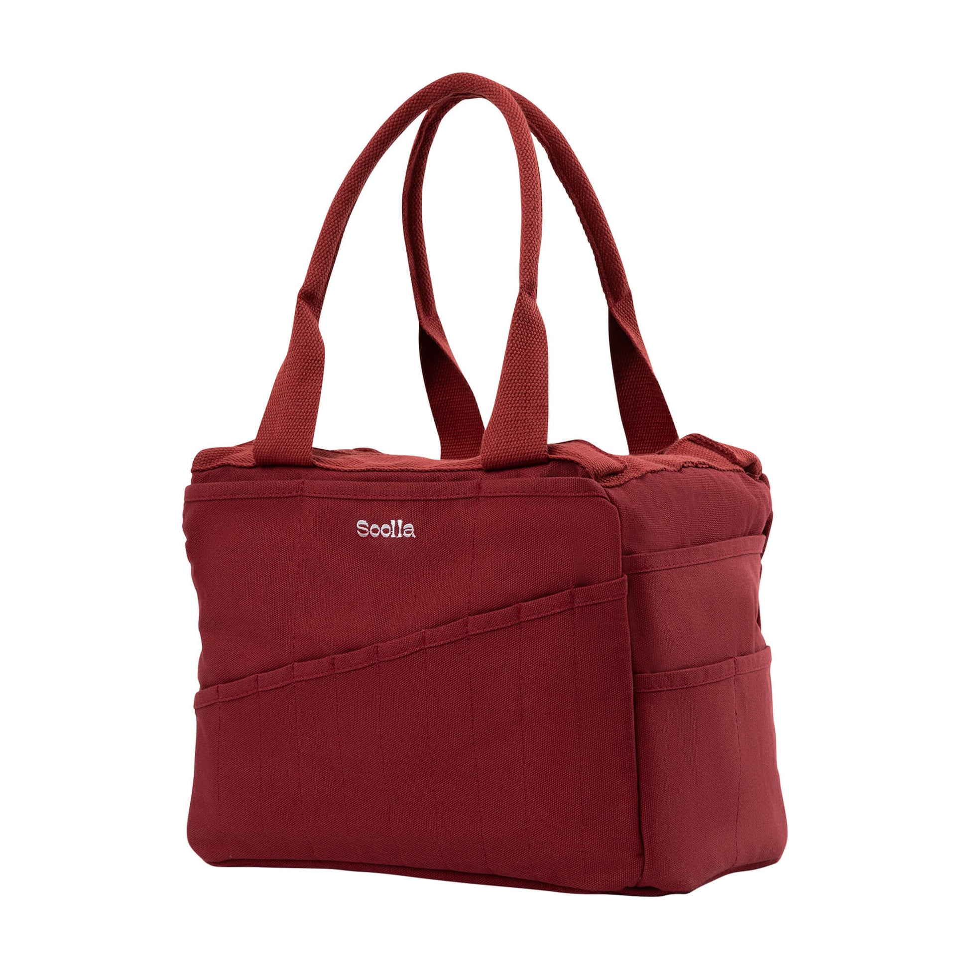 Red handbag with 'Scolla' branding on a white background