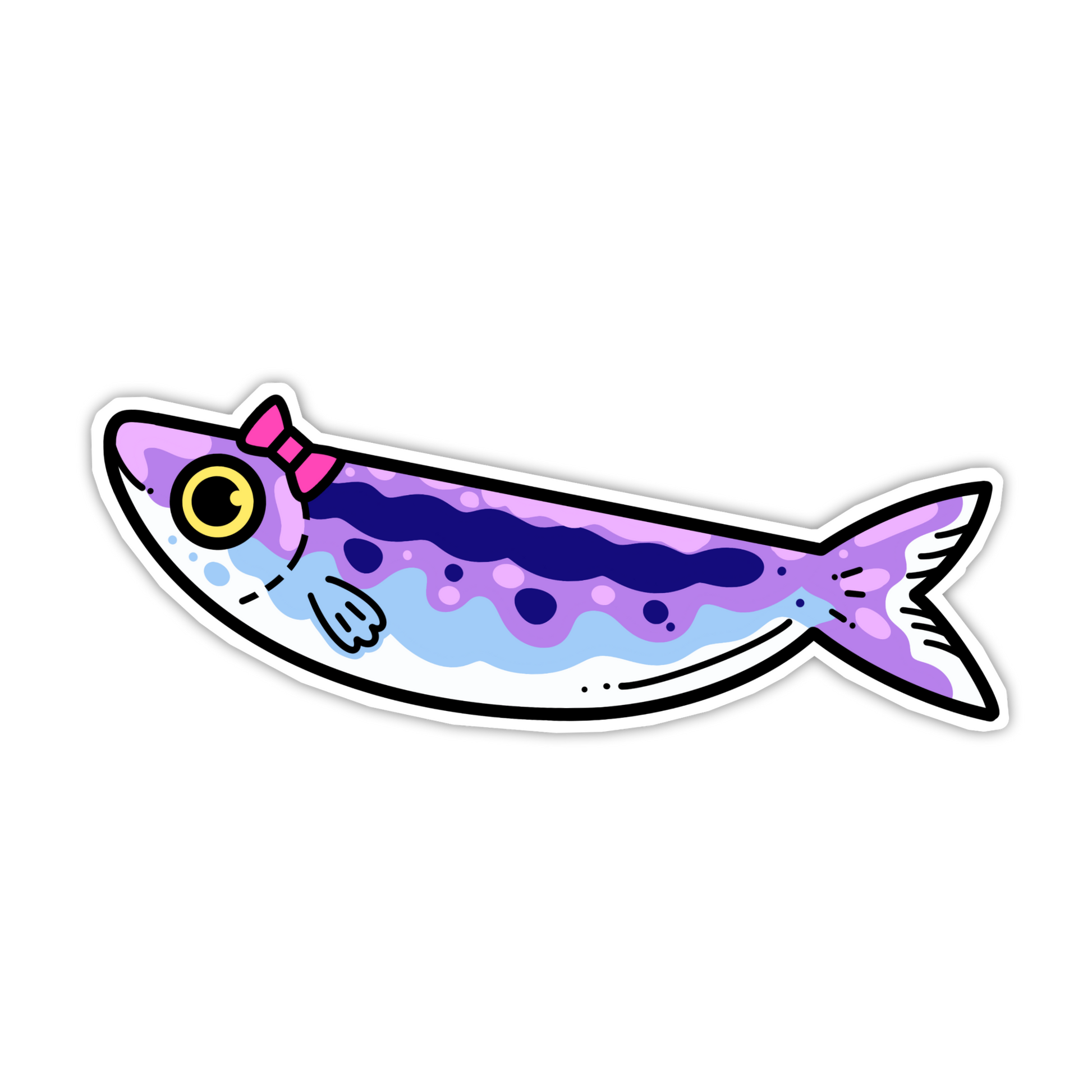 Colorful fish illustration with a pink bow on a white background
