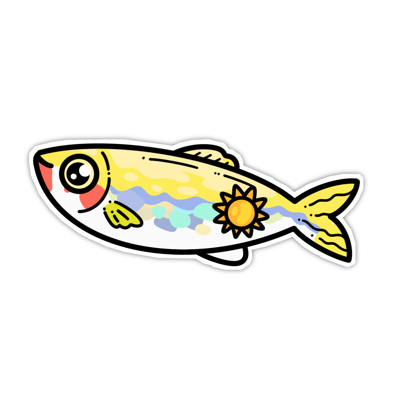 Colorful fish illustration with sun and wave patterns on a white background