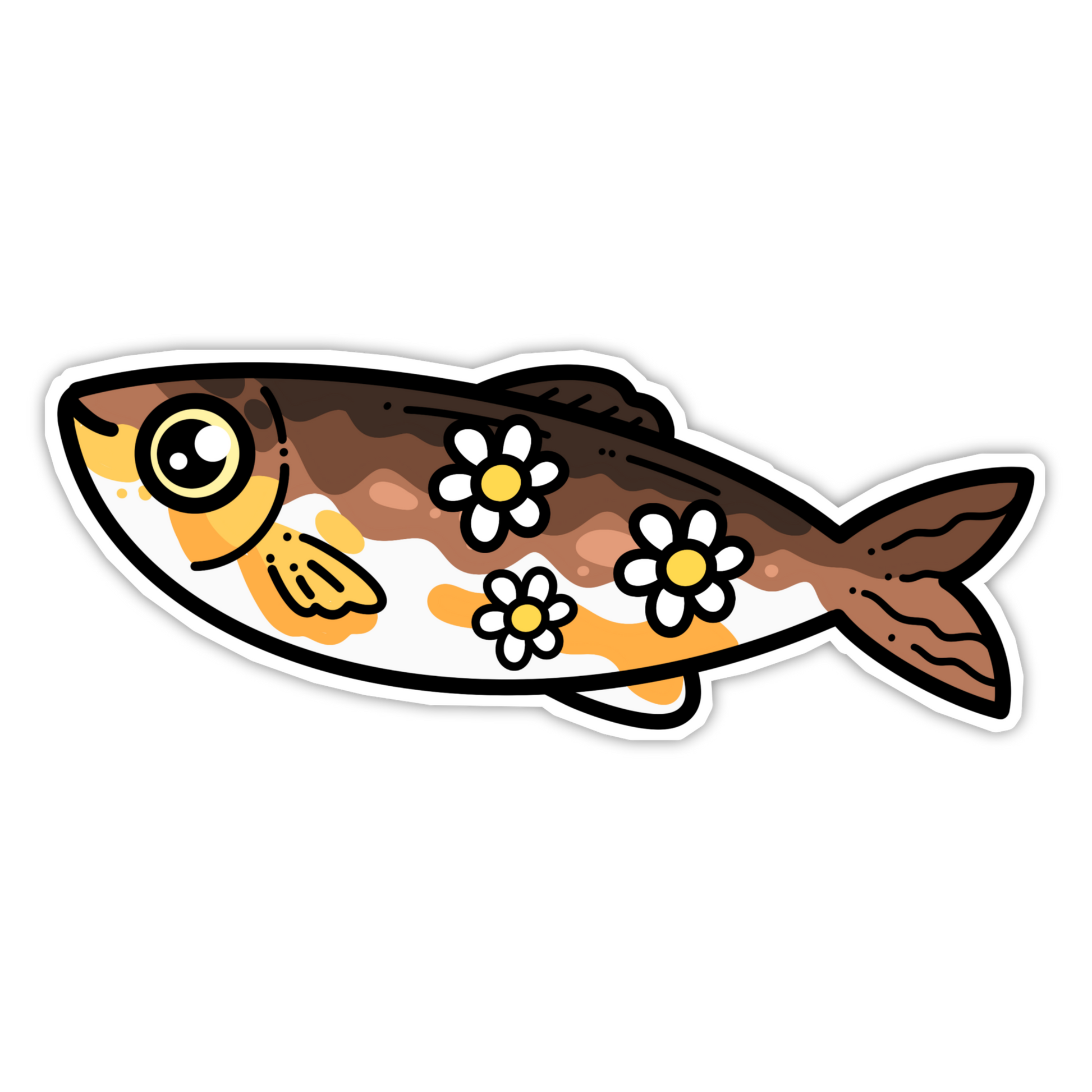 Fish-shaped sticker with floral patterns on a white background