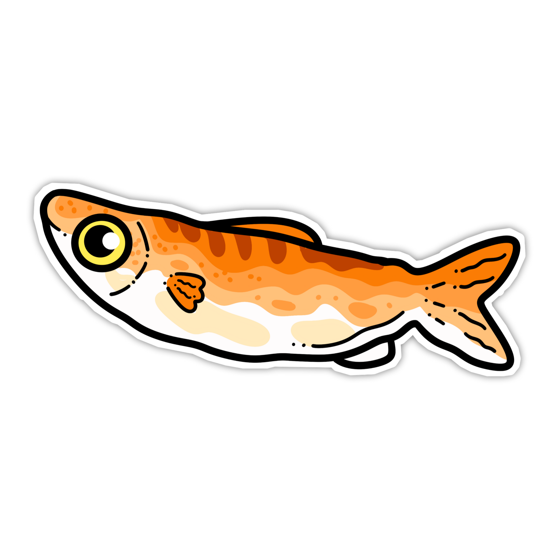 Cartoon fish with orange and yellow pattern on a white background