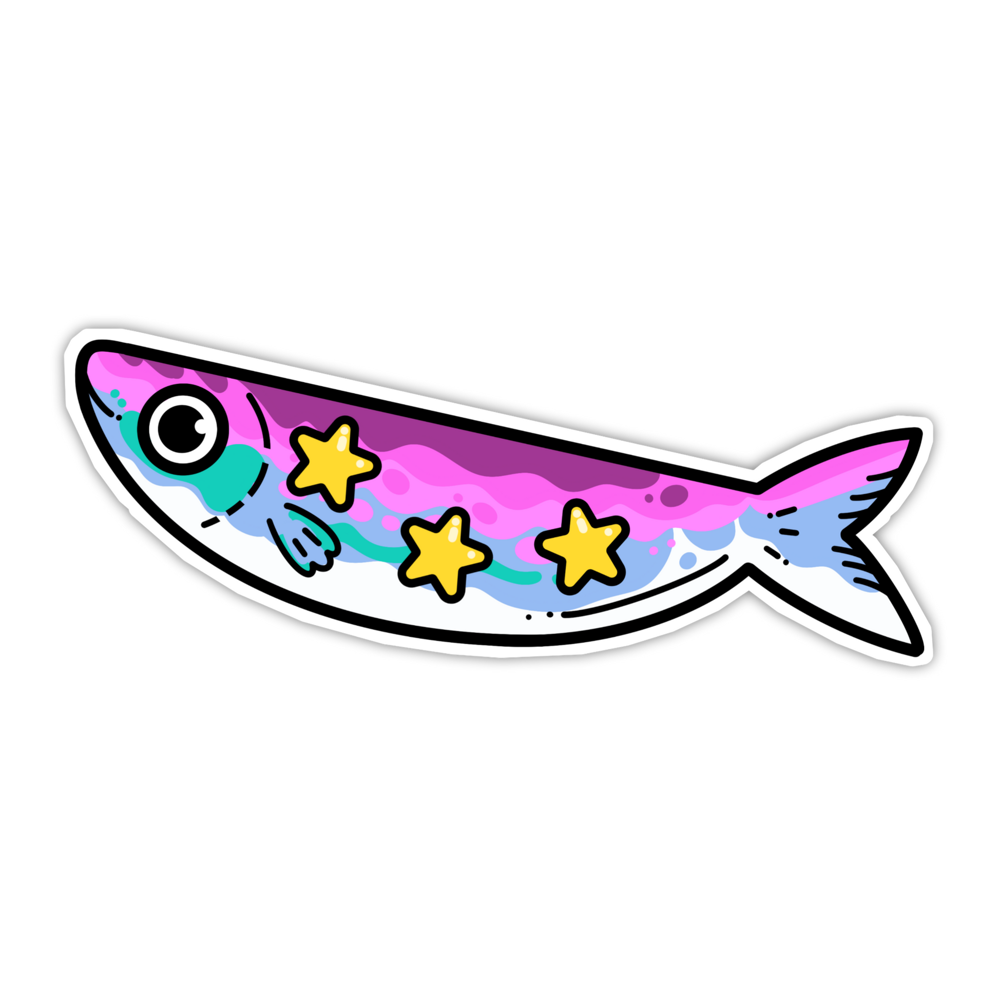 Colorful fish-shaped sticker with star patterns on a white background