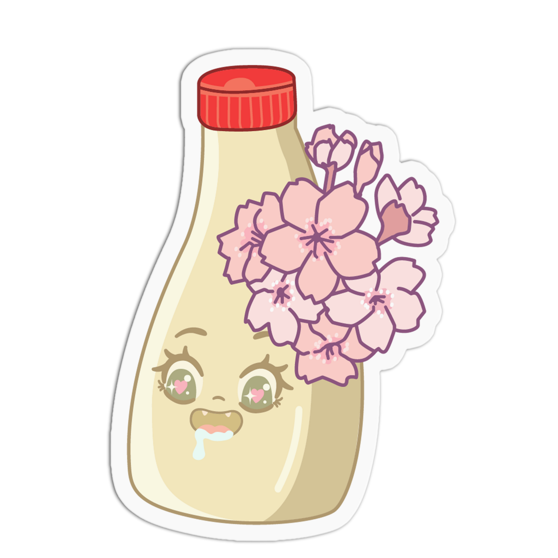 Cartoon bottle with a face and pink flowers on a white background