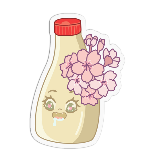 Cartoon bottle with a face and pink flowers on a white background