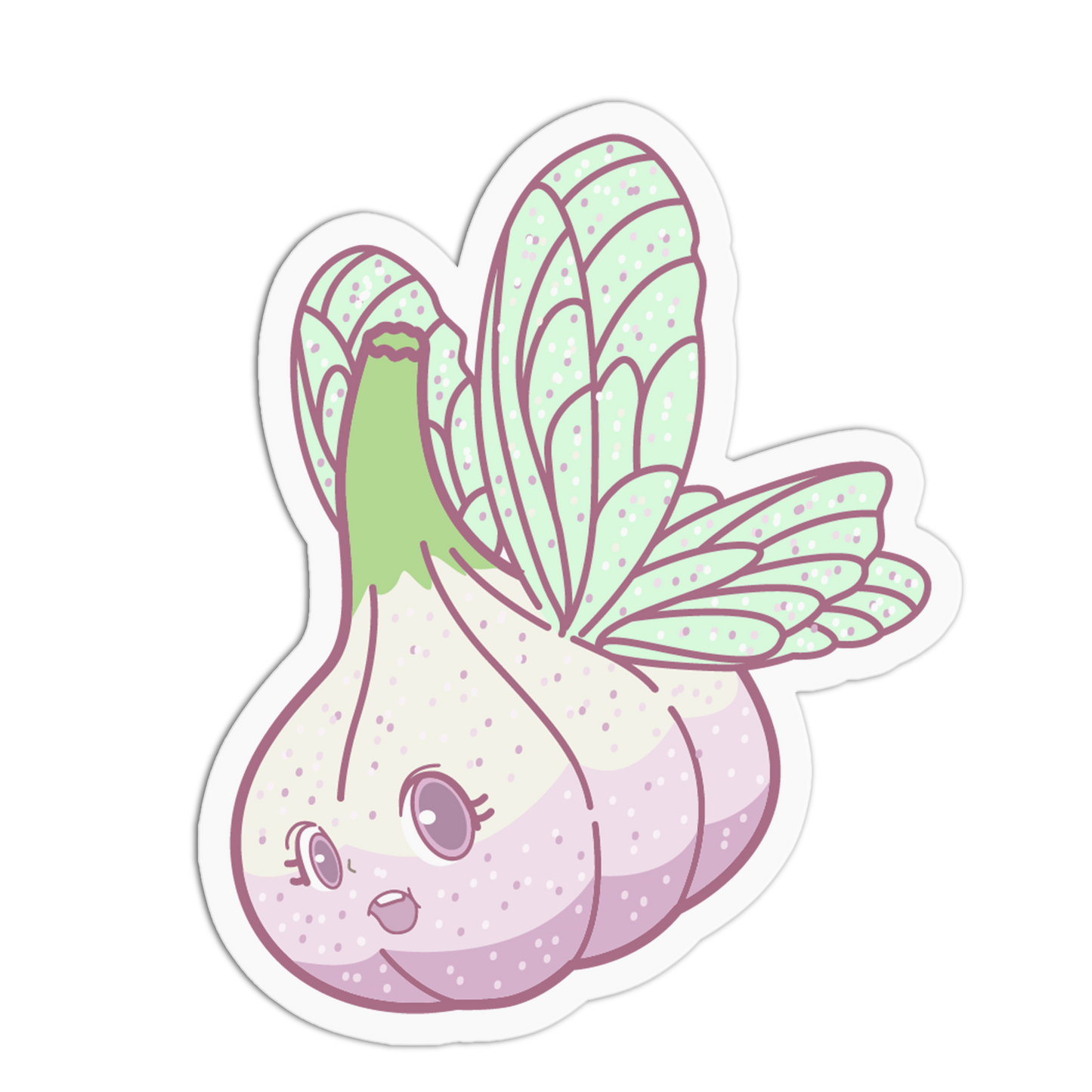 Cartoon onion character with butterfly wings on a white background