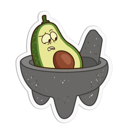Cartoon avocado character inside a mortar and pestle on a white background