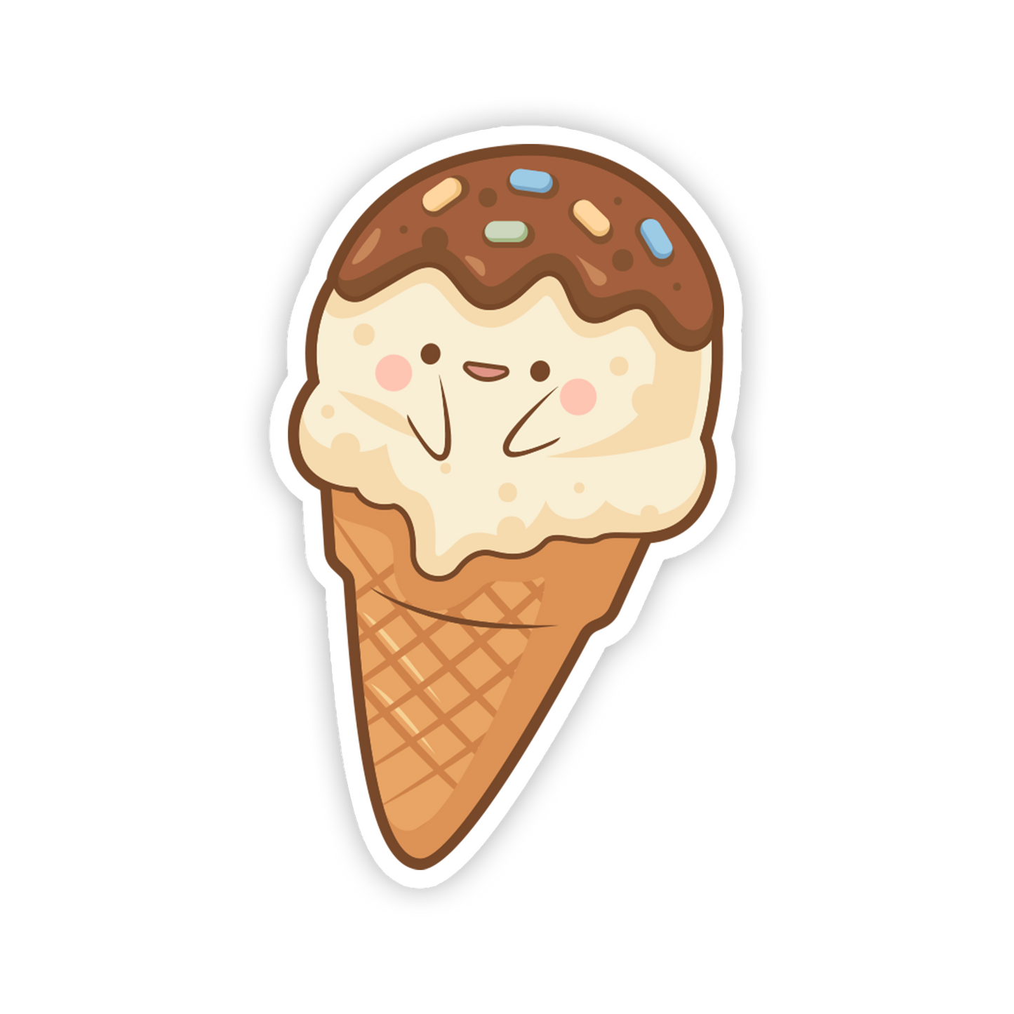 Cartoon ice cream cone with a face on a white background