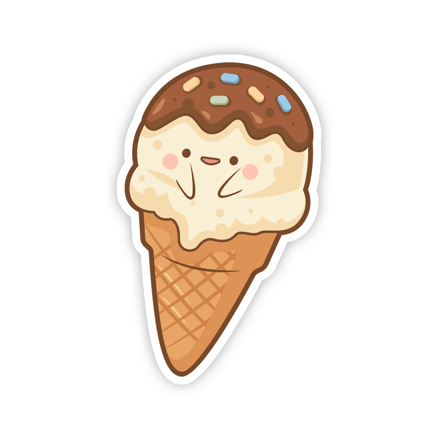 Cartoon ice cream cone with a face on a white background