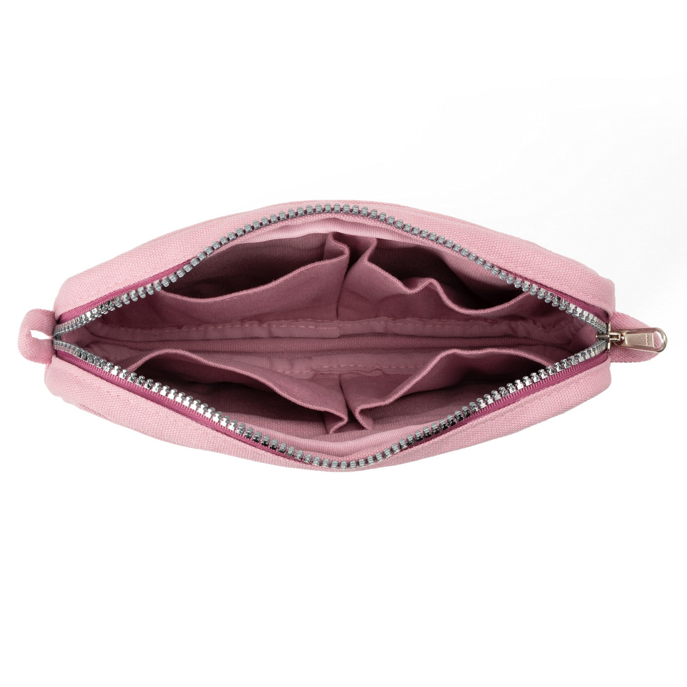 Pink pouch with a zipper on a white background
