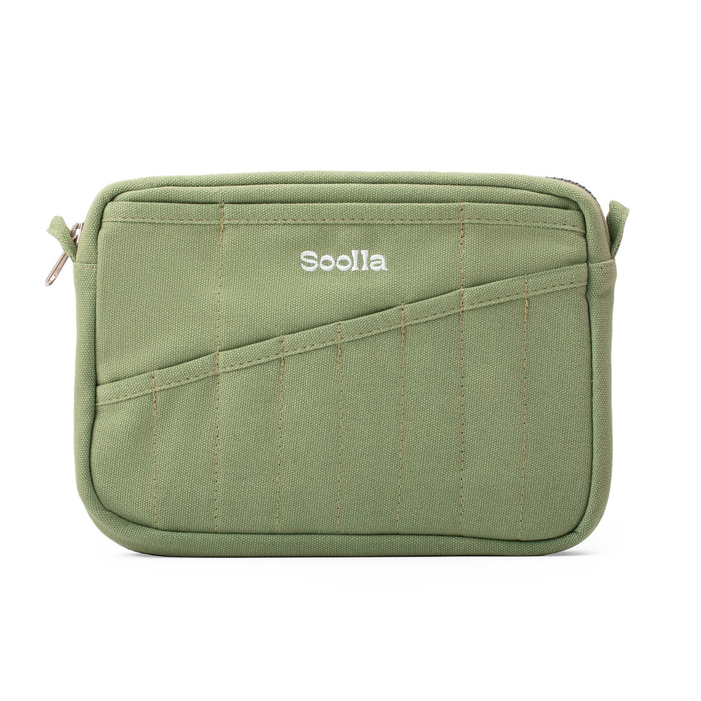 Green travel pouch with 'Soolala' branding on a white background
