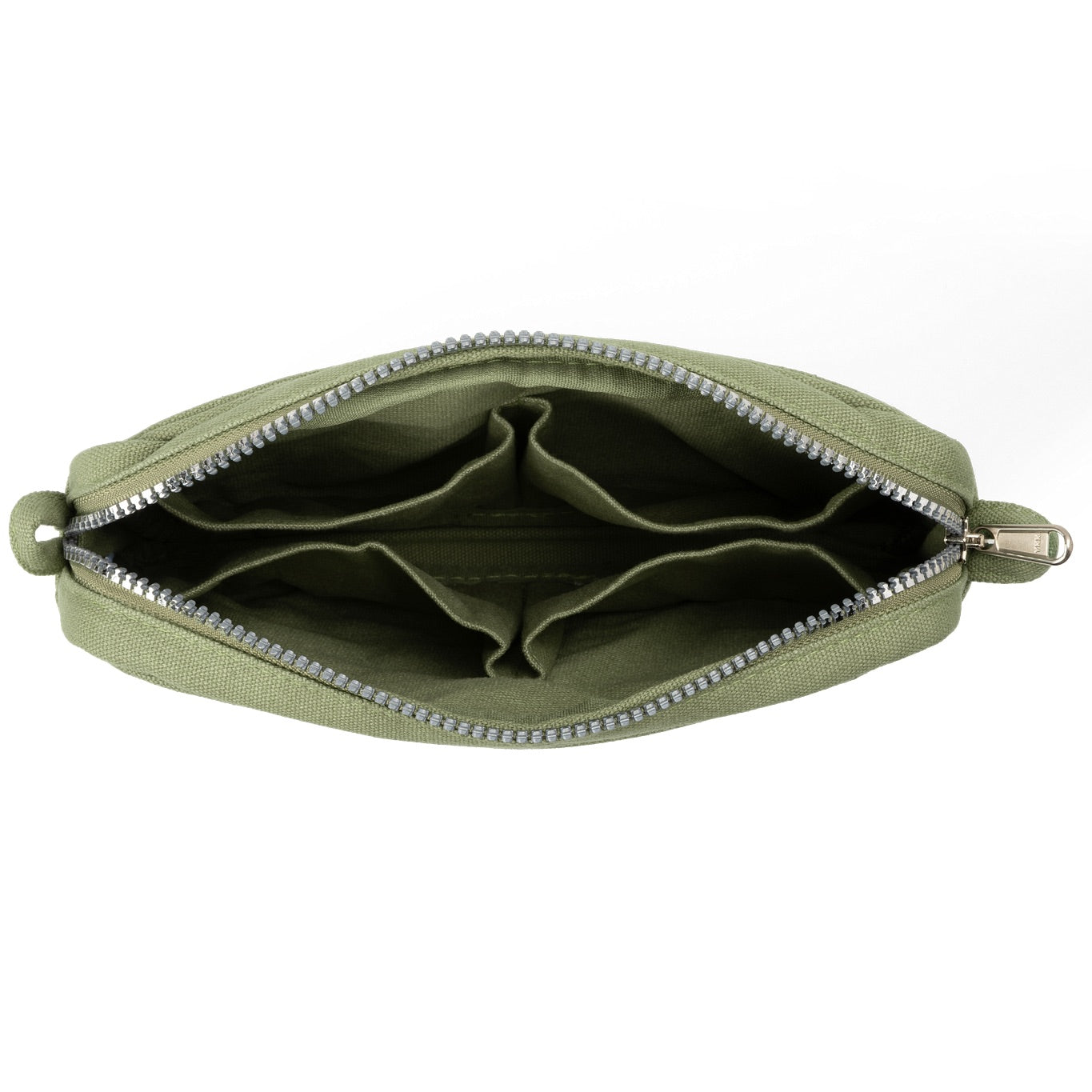 Green pouch with a zipper on a white background